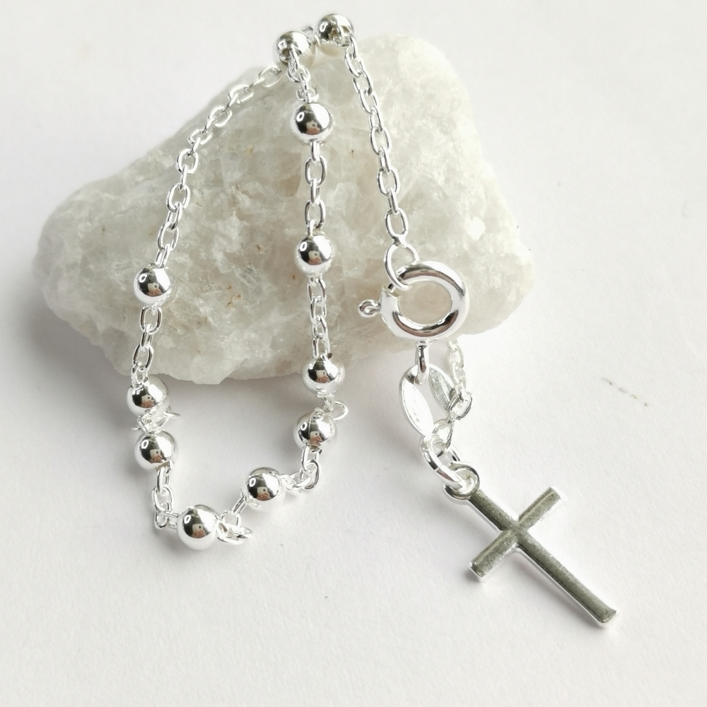 New Sterling Silver Decade Rosary Prayer Bracelet With Cross Charm